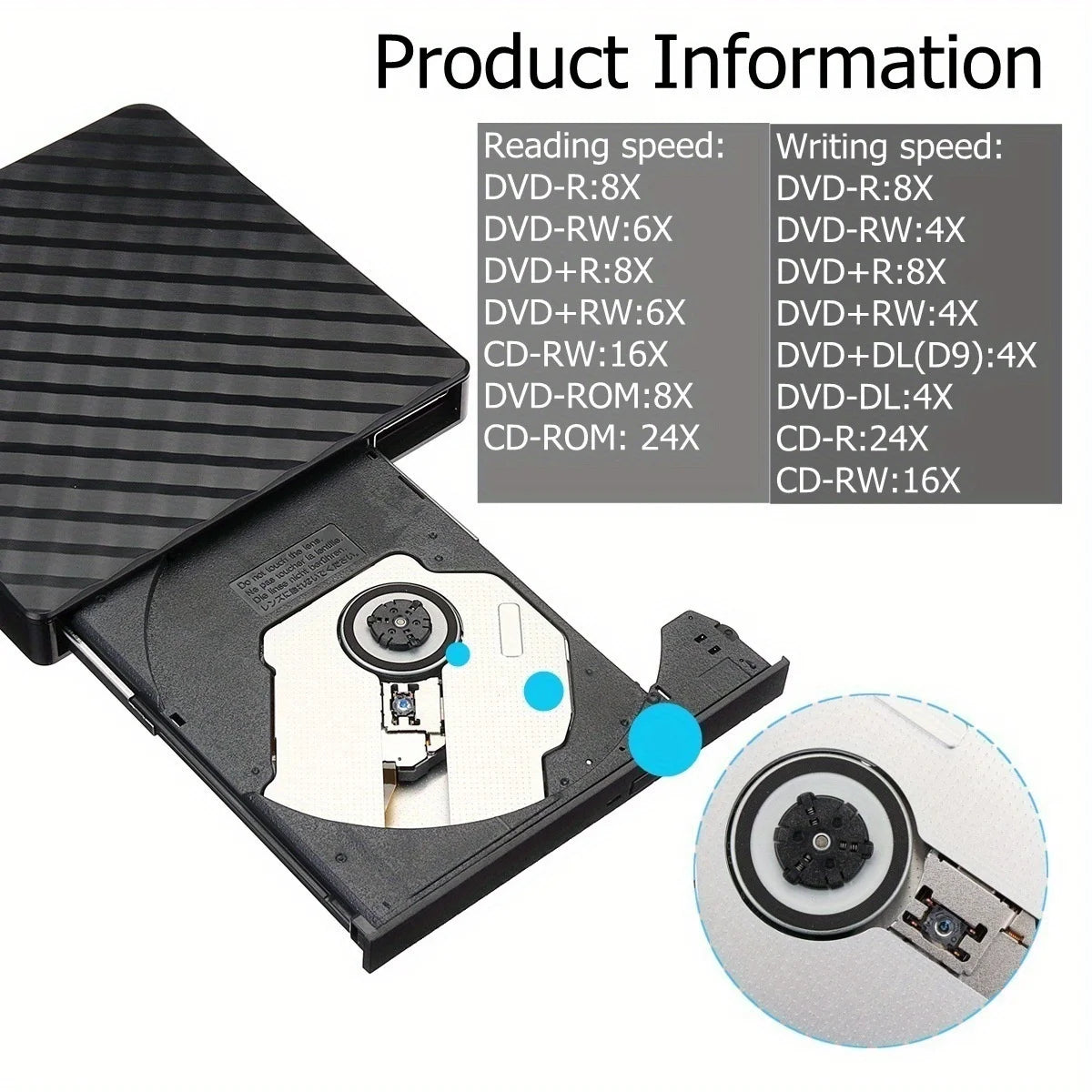 Black and White Ultra-thin External DVD RW CD Writer Drive, Burner, Reader, Portable Stereo Texture Laptop DVD Burner USB3.0