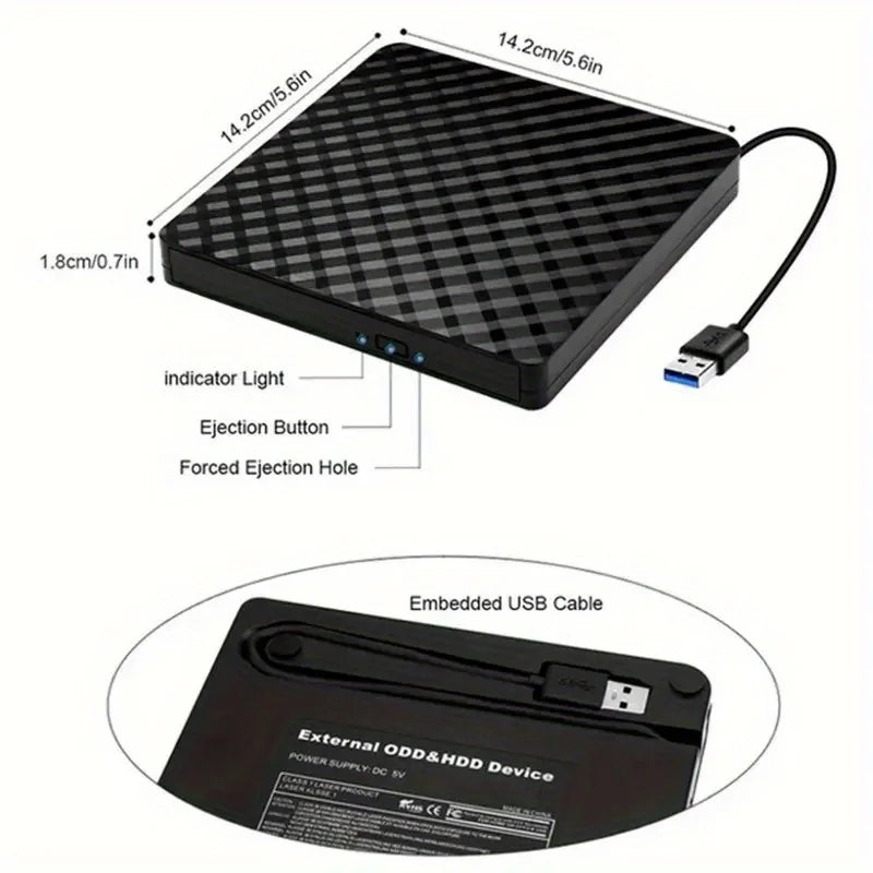 Black and White Ultra-thin External DVD RW CD Writer Drive, Burner, Reader, Portable Stereo Texture Laptop DVD Burner USB3.0