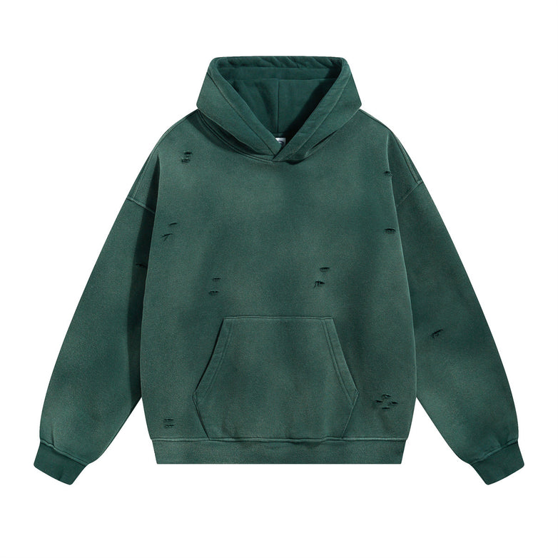 Washed And Worn Ripped Hooded Fleece Lined Sweater