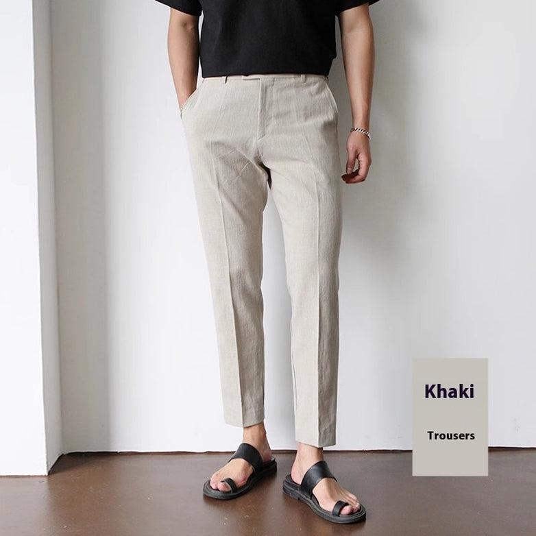White For Men Cotton Fabric Cropped Linen Trousers