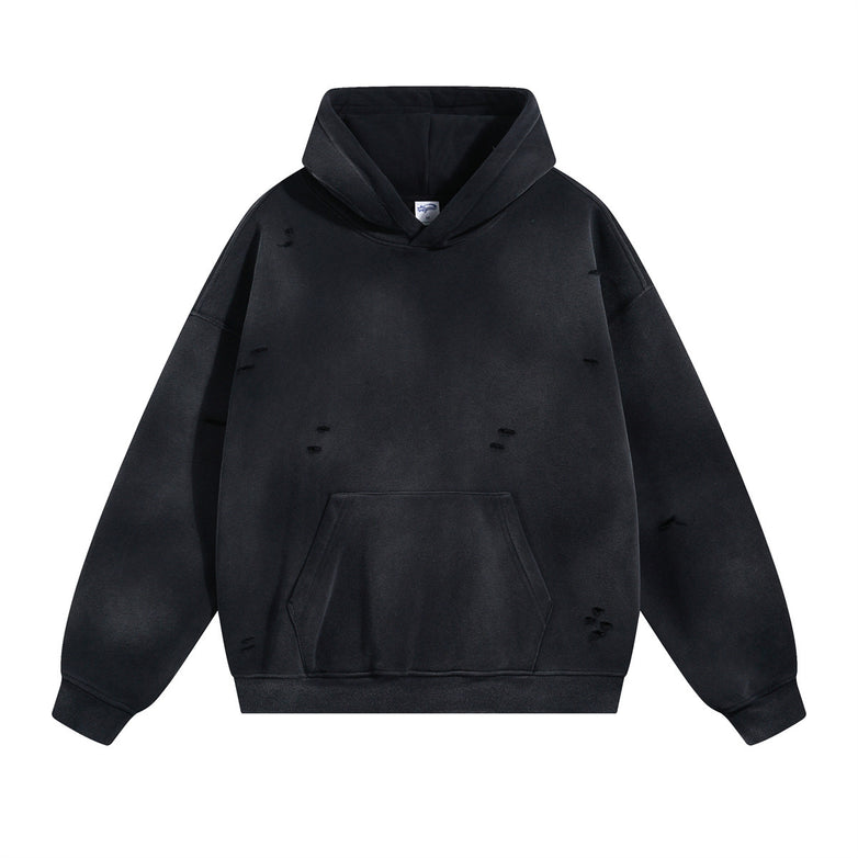 Washed And Worn Ripped Hooded Fleece Lined Sweater