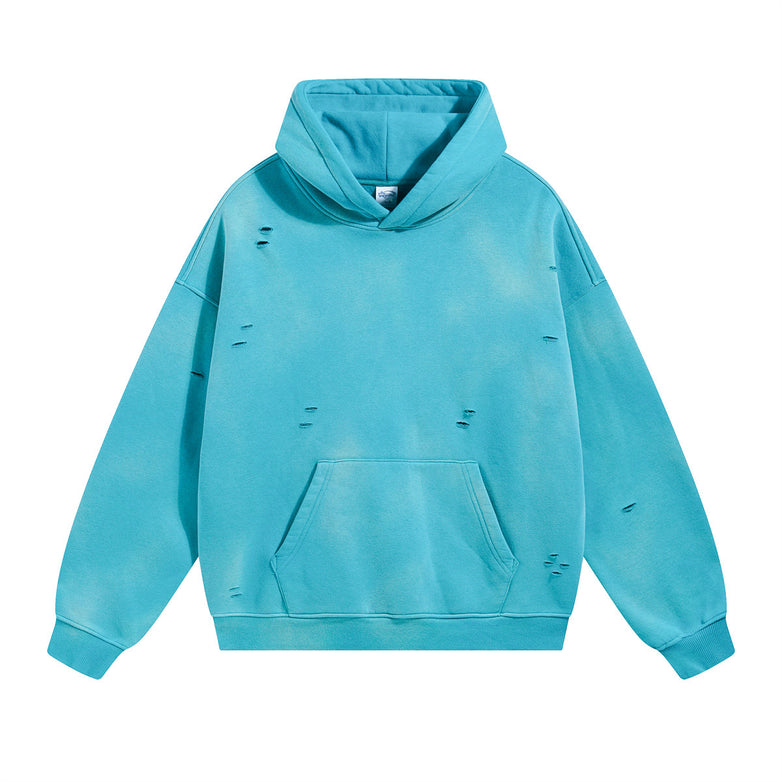 Washed And Worn Ripped Hooded Fleece Lined Sweater