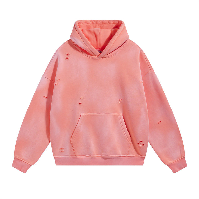 Washed And Worn Ripped Hooded Fleece Lined Sweater