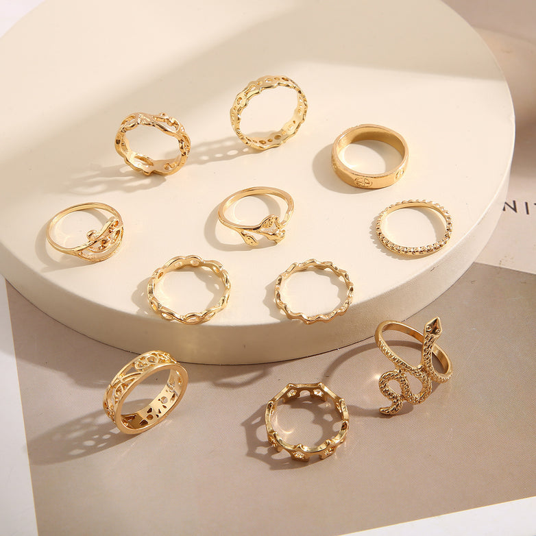 Geometric Creative Simple Temperament Women's Ring Snake Rose Hollow Flower 11-piece Set