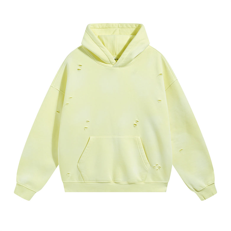 Washed And Worn Ripped Hooded Fleece Lined Sweater
