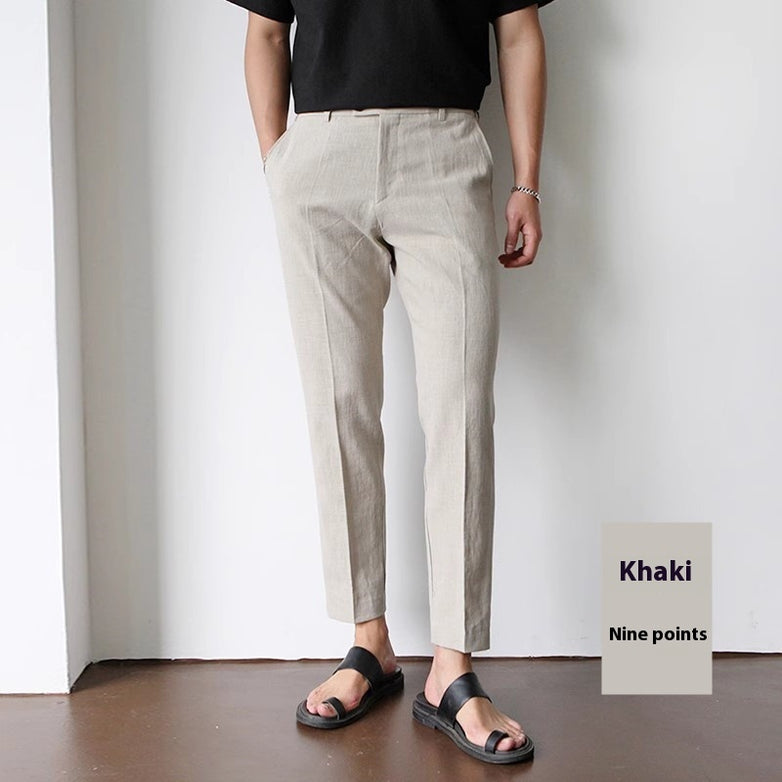 White For Men Cotton Fabric Cropped Linen Trousers