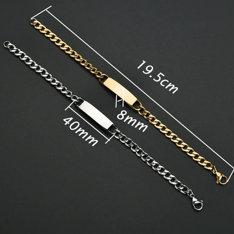 Akizoom Punk Engrave Name Custom Bracelets Gold Color Stainless Steel Thick Hand Chain Customized Couple Men Women Jewelry Gift