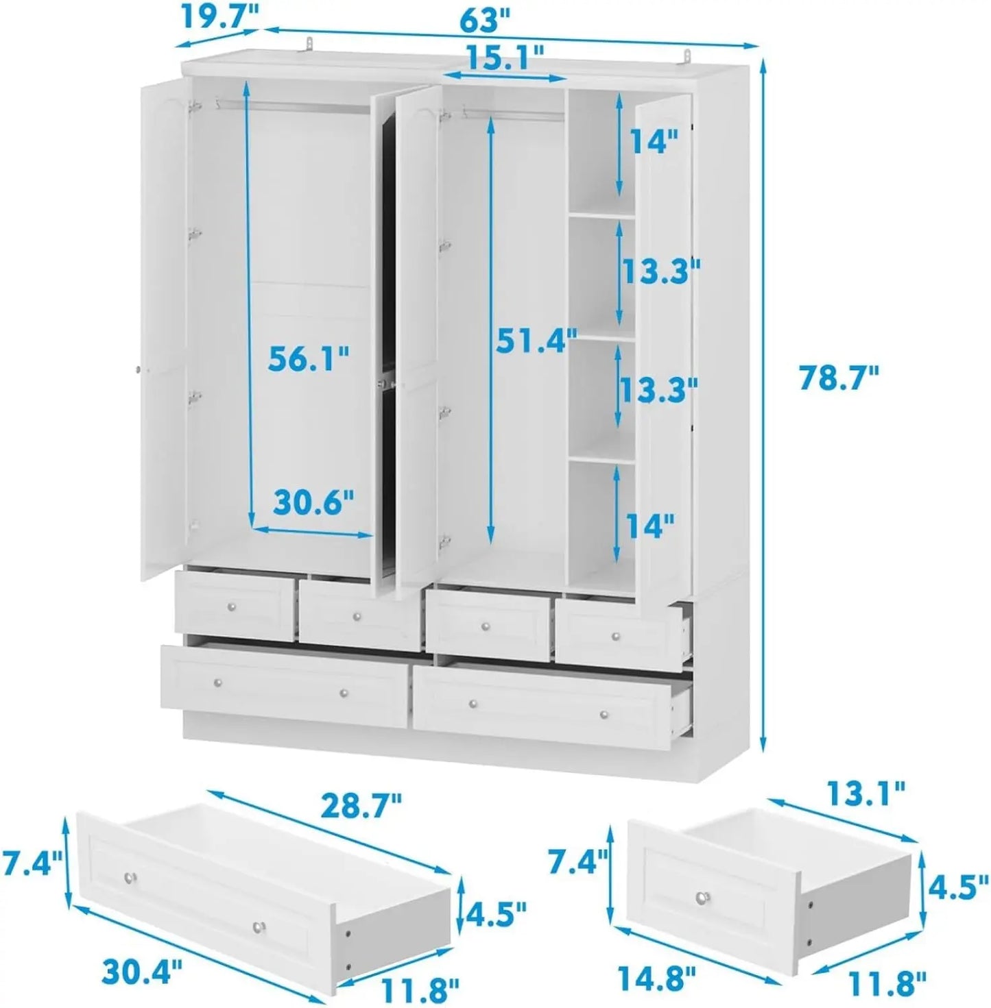 4-Door White Wardrobe w/Mirror & 6 Drawers, 2 Hanging Rods & 4-Tier Shelves - 63"W x 78.7"H