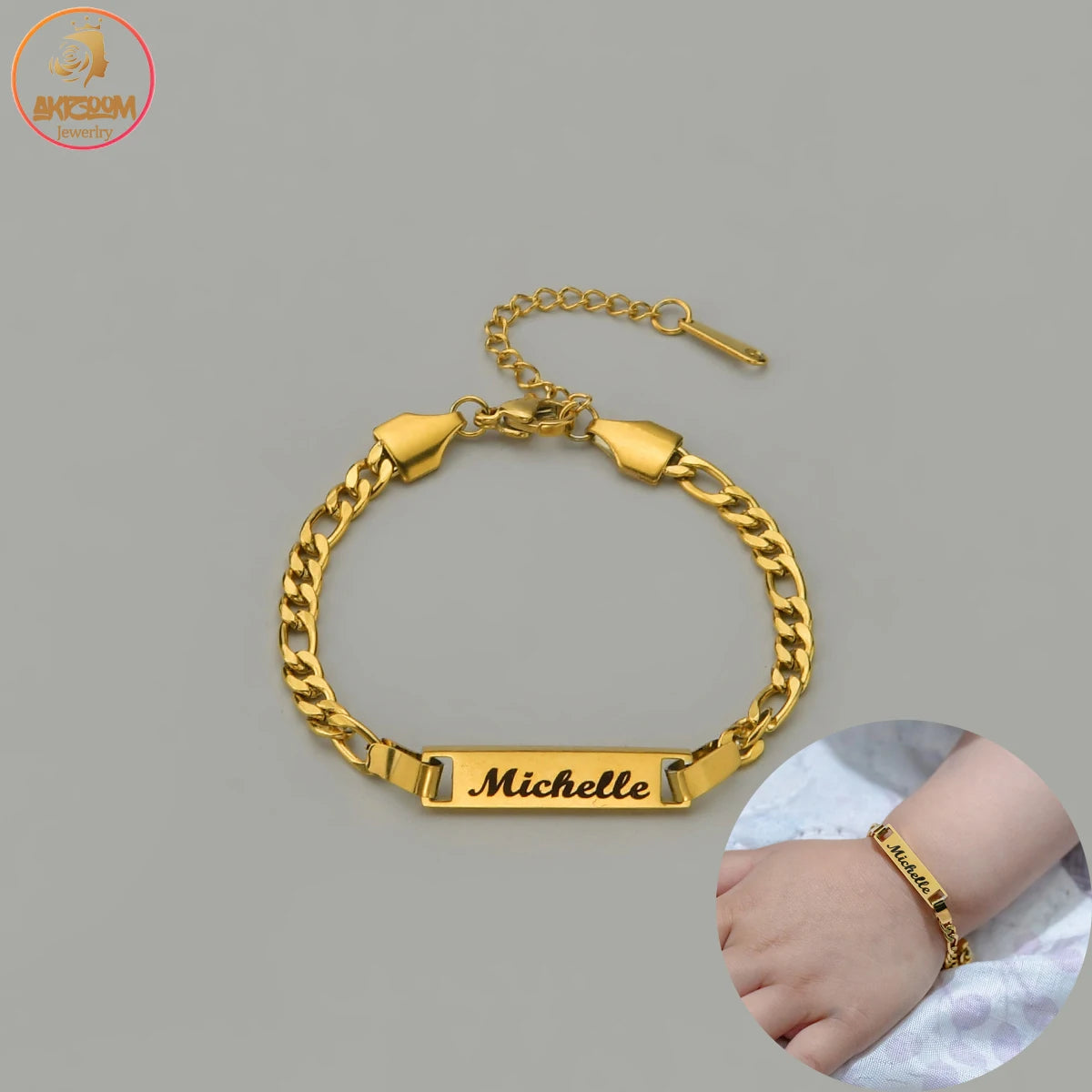 Akizoom Punk Engrave Name Custom Bracelets Gold Color Stainless Steel Thick Hand Chain Customized Couple Men Women Jewelry Gift