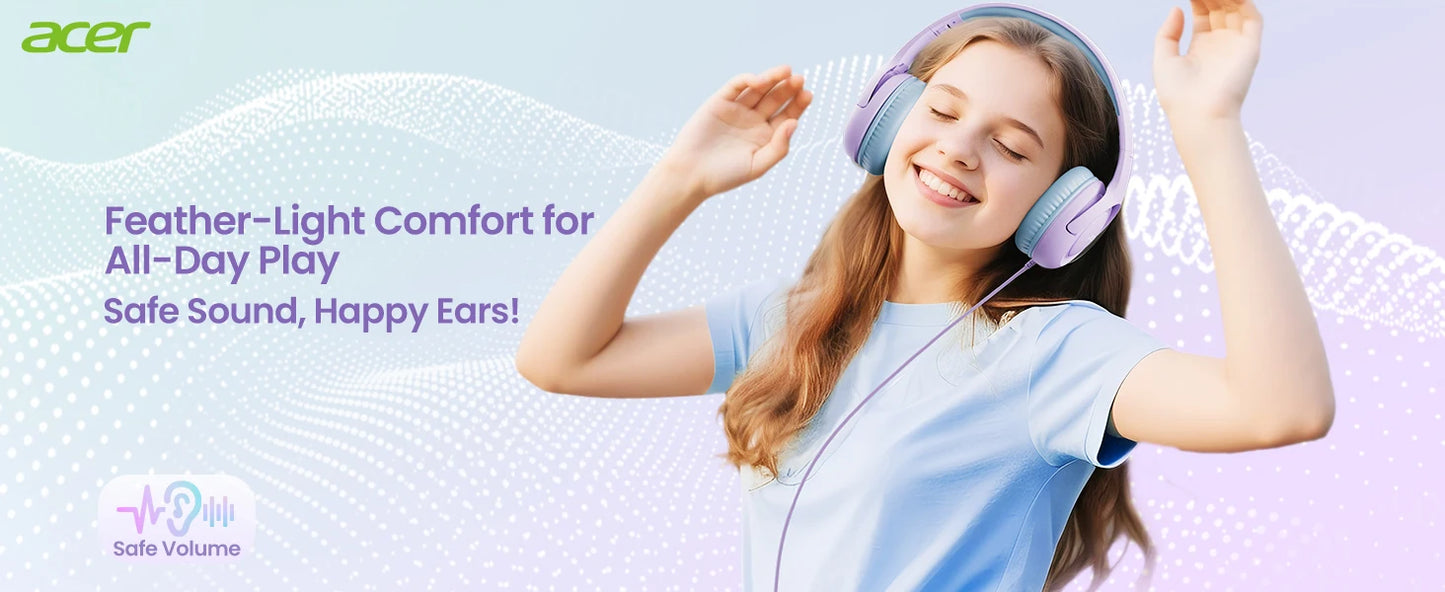 Acer Kids Headphones Wired for School 85/94dB Volume Limiter Foldable Stereo Sound Headset for Kids Learning Tablet IPad PC