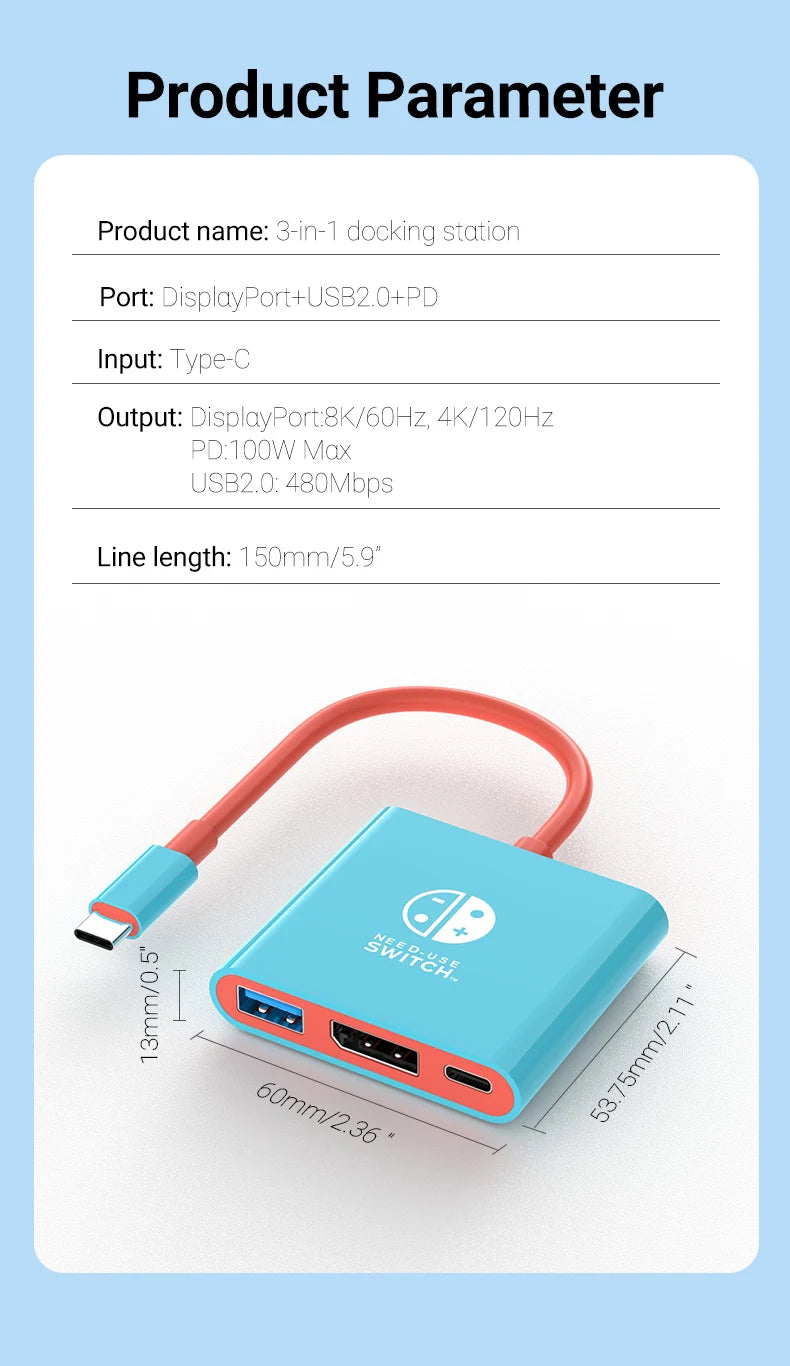 3 in 1 USB C Hub 8K@60Hz DisplayPort Switch Dock for MacBook Pro Air