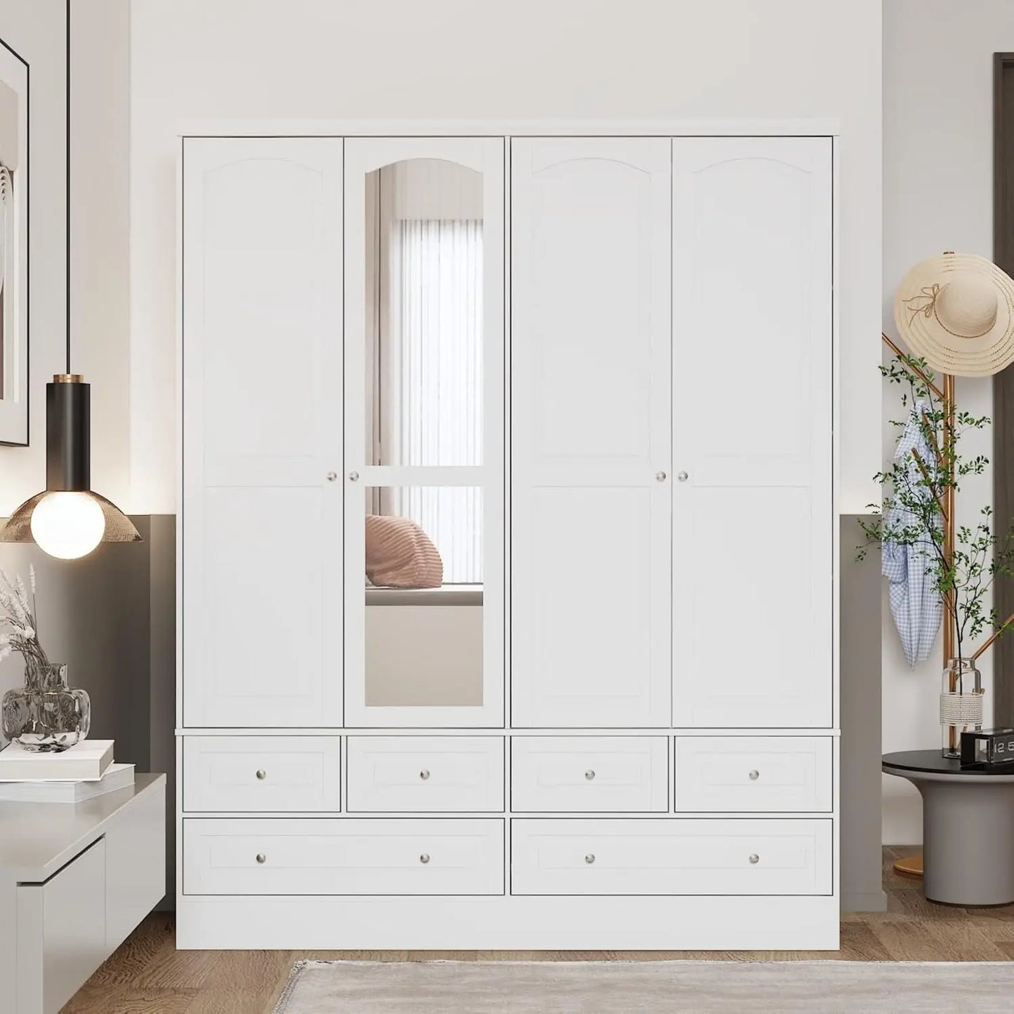 4-Door White Wardrobe w/Mirror & 6 Drawers, 2 Hanging Rods & 4-Tier Shelves - 63"W x 78.7"H