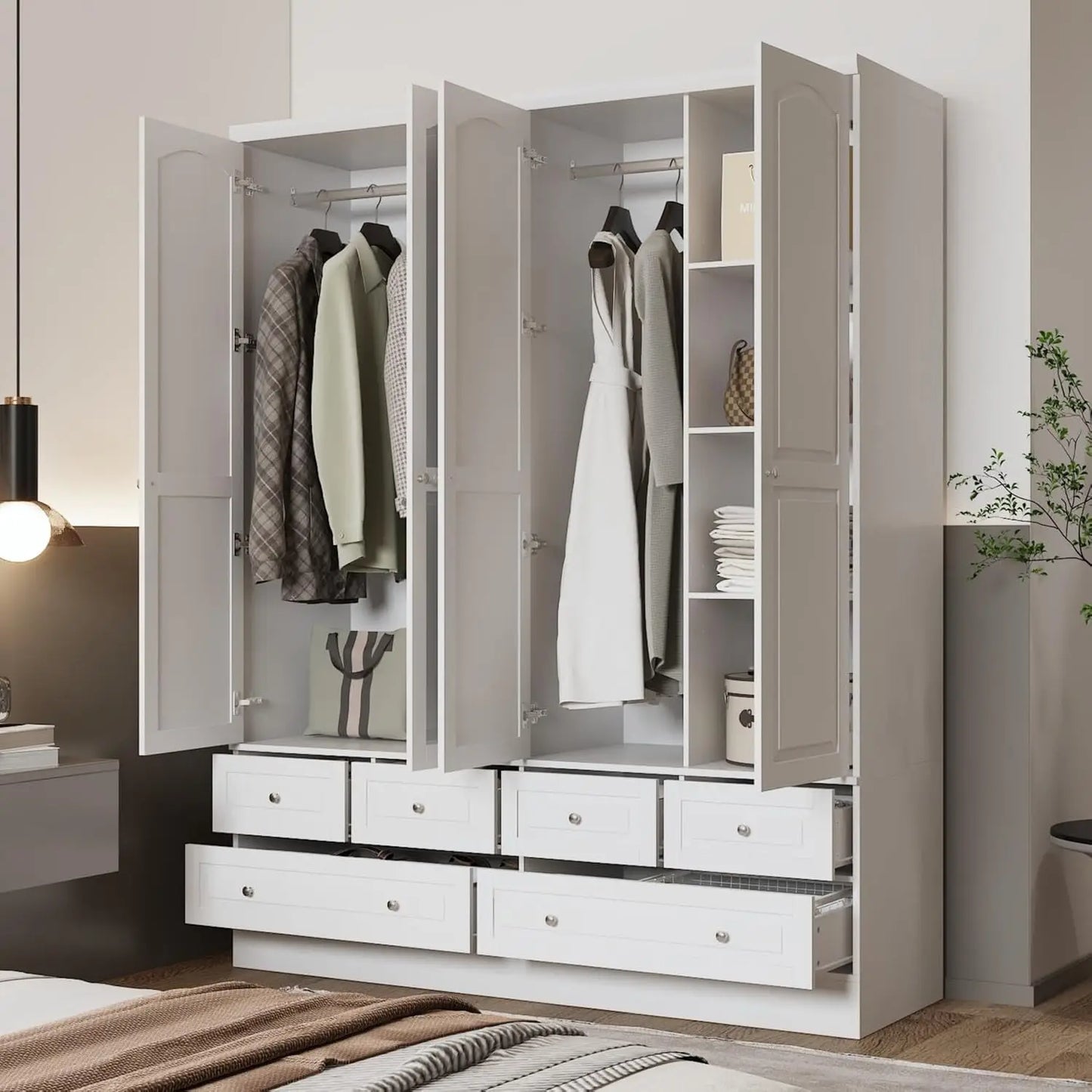 4-Door White Wardrobe w/Mirror & 6 Drawers, 2 Hanging Rods & 4-Tier Shelves - 63"W x 78.7"H