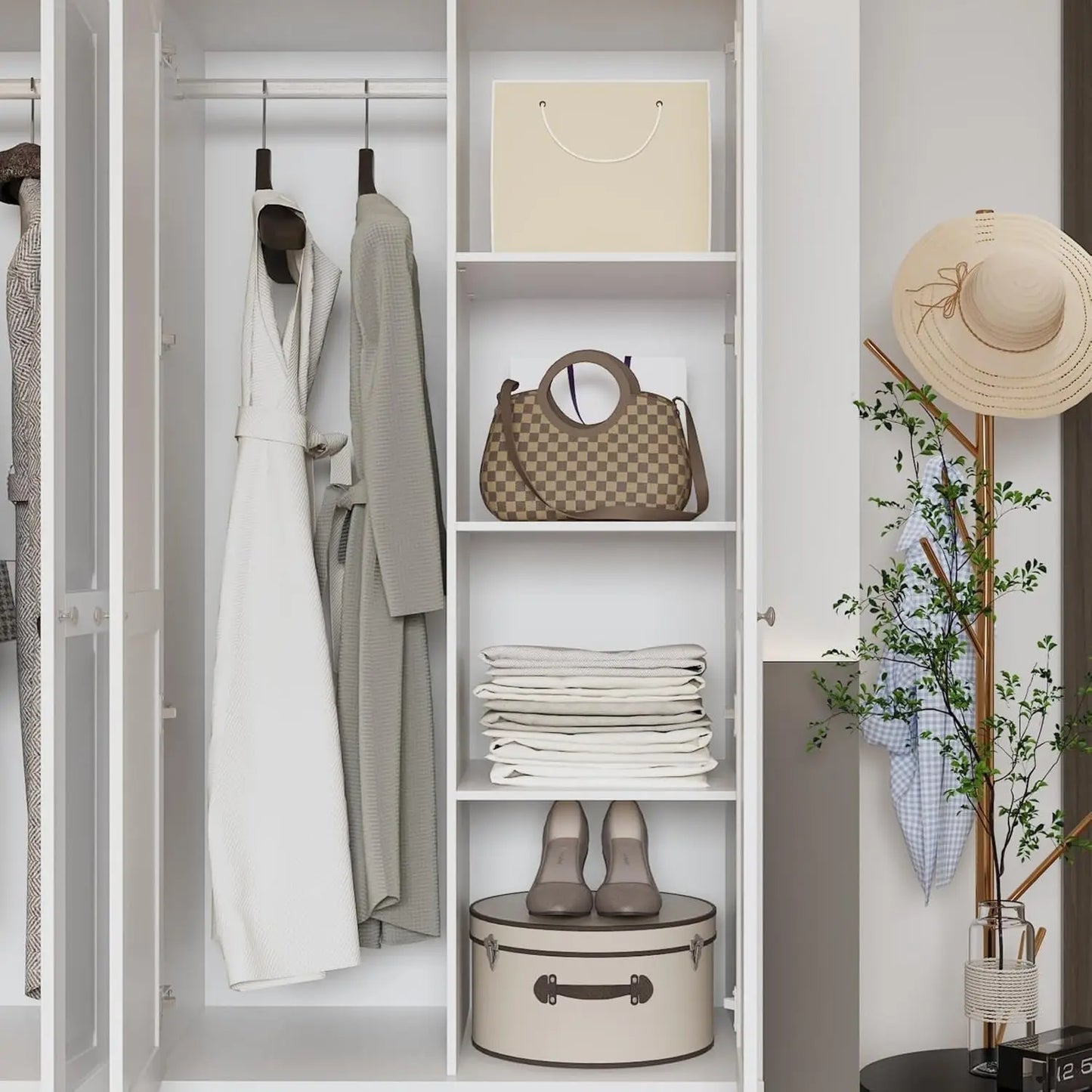 4-Door White Wardrobe w/Mirror & 6 Drawers, 2 Hanging Rods & 4-Tier Shelves - 63"W x 78.7"H