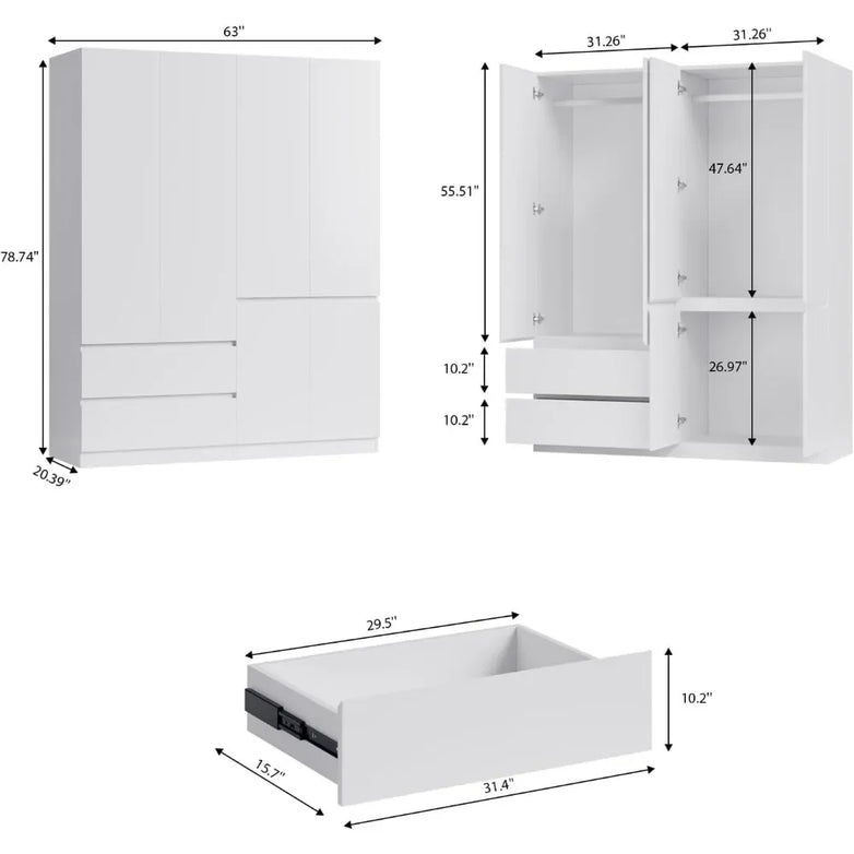 Doors Armoire Wardrobe Closet, Wardrobe Closet with Drawers, Armoire and Wardrobe with Shelves & Hanging Rod for Bedroom