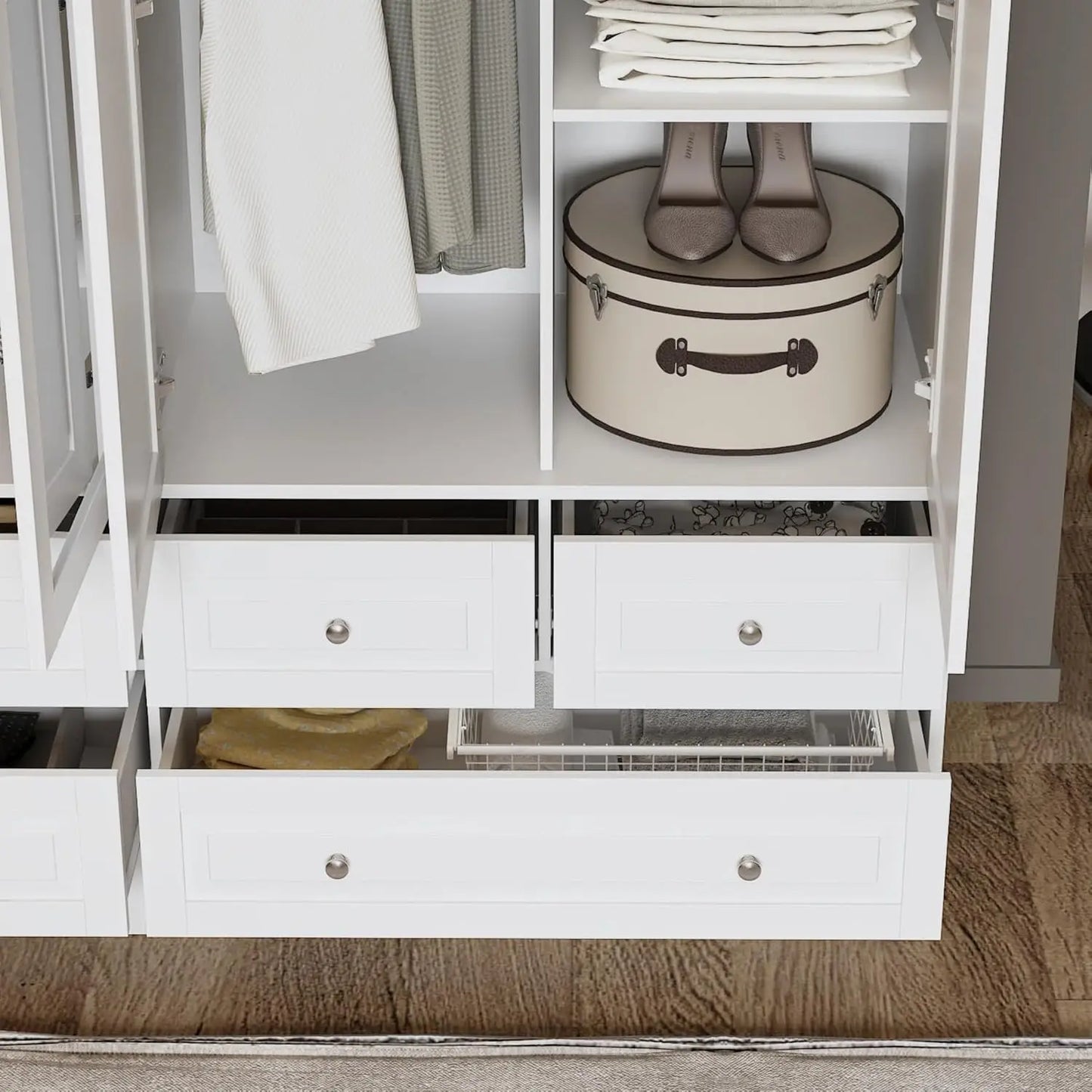 4-Door White Wardrobe w/Mirror & 6 Drawers, 2 Hanging Rods & 4-Tier Shelves - 63"W x 78.7"H