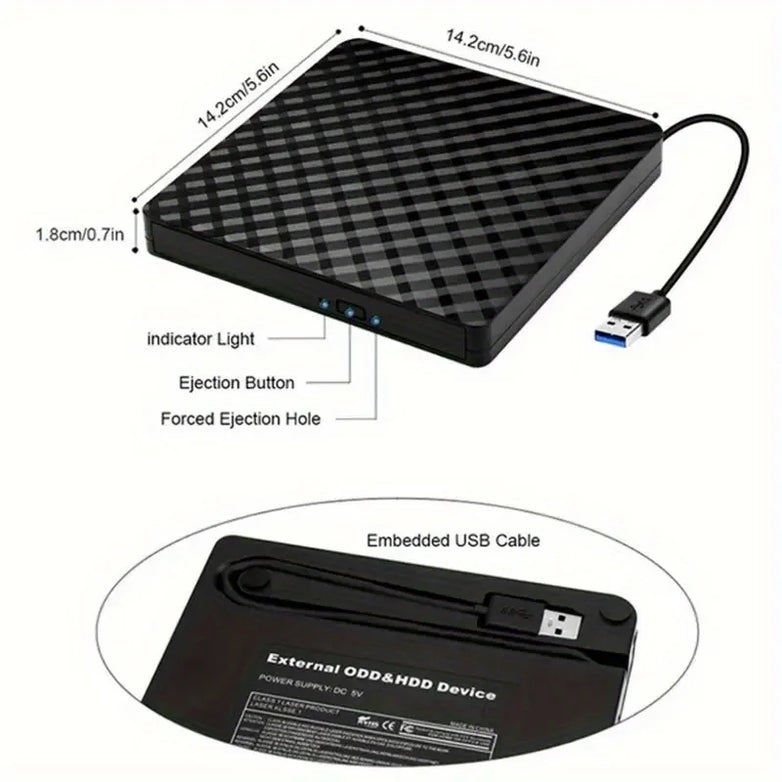 Black and White Ultra-thin External DVD RW CD Writer Drive, Burner, Reader, Portable Stereo Texture Laptop DVD Burner USB3.0