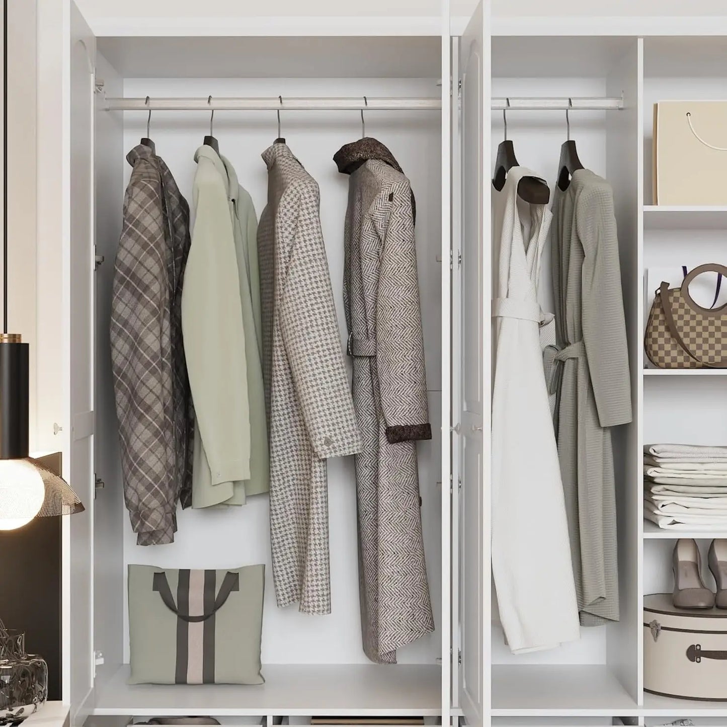4-Door White Wardrobe w/Mirror & 6 Drawers, 2 Hanging Rods & 4-Tier Shelves - 63"W x 78.7"H