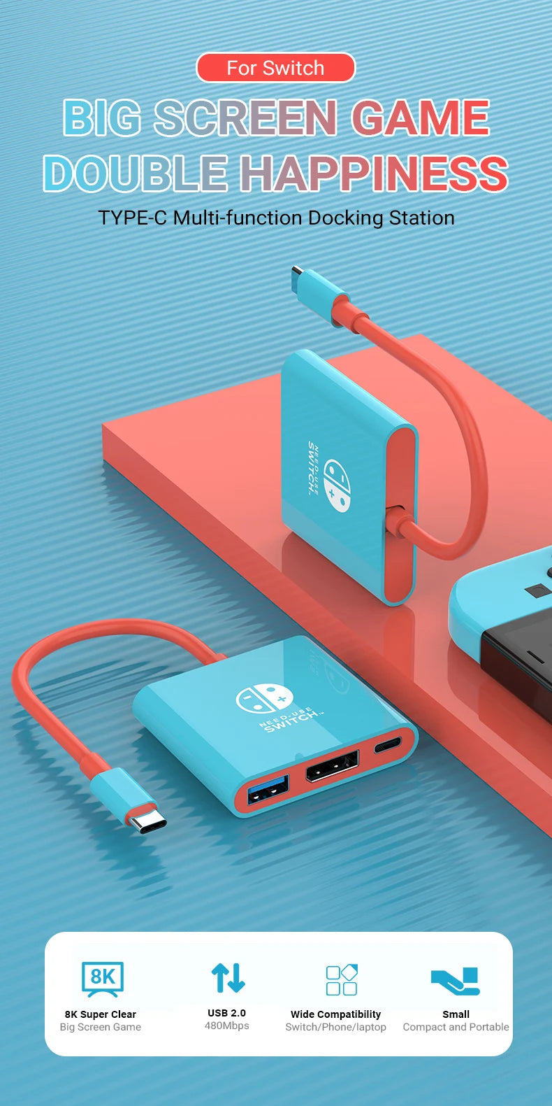 3 in 1 USB C Hub 8K@60Hz DisplayPort Switch Dock for MacBook Pro Air