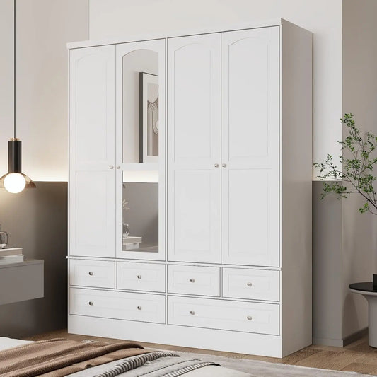 4-Door White Wardrobe w/Mirror & 6 Drawers, 2 Hanging Rods & 4-Tier Shelves - 63"W x 78.7"H