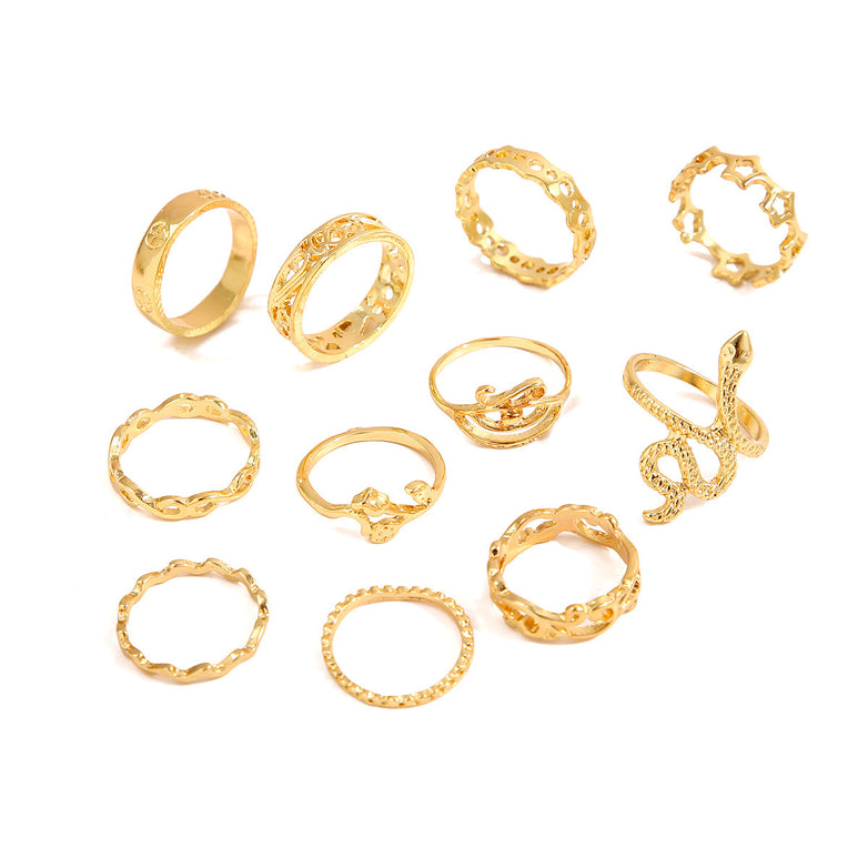 Geometric Creative Simple Temperament Women's Ring Snake Rose Hollow Flower 11-piece Set